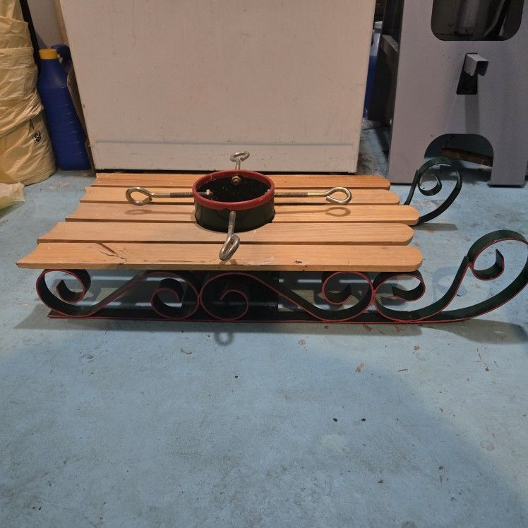 Vintage Wooden And Metal Christmass Tree Sled Stand 
