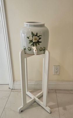 Vintage Ceramic Water Dispenser with Wooden Stand – Floral Design