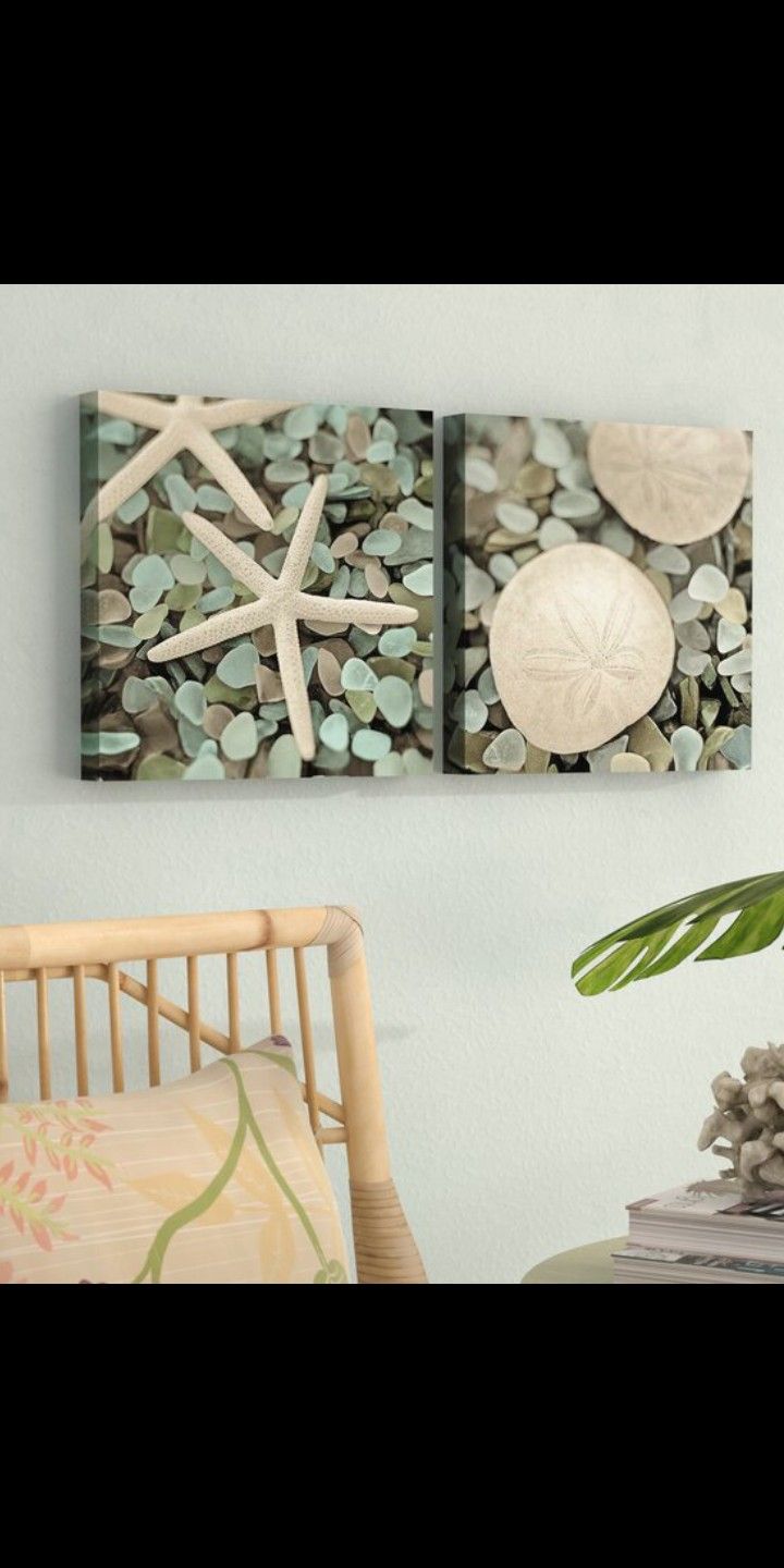 Aquatic I And II On Canvas 2 Pieces by Alan Blaustein Starfish Sand Dollar Sea Glass Beach Coastal