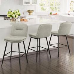 Light Beige Grey Leather Barstool Set of 3