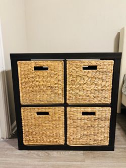 Dark Wooden Cube Shelves with Four Bamboo Like Cubbies