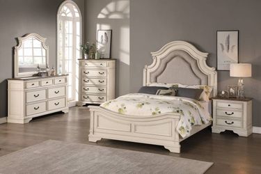 Brand new off white vintage style queen bedframe + dresser + mirror + nightstand 4PCs set