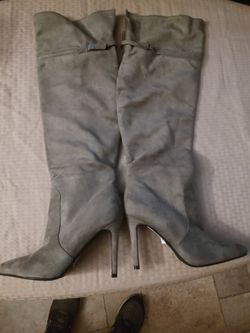 Grey Suede Above Knee High Heel Boots
