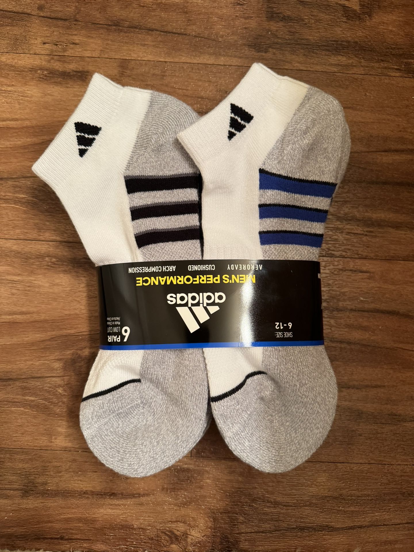 Adidas Men's Cushioned Low Cut Ankle Socks 6 Pairs White Blue Compression 6-12