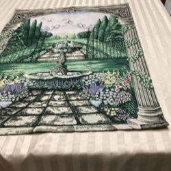 Beautiful tapestry Wall Hanging With View Of a fountain,  Trees, and a Garden Of  Flowers