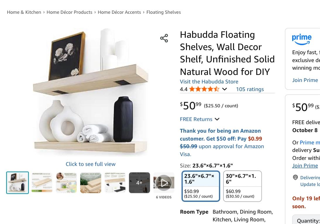 NEW Floating Shelves, Wall Decor Shelf, Unfinished Solid Natural Wood 23.6"×6.7"×1.6"