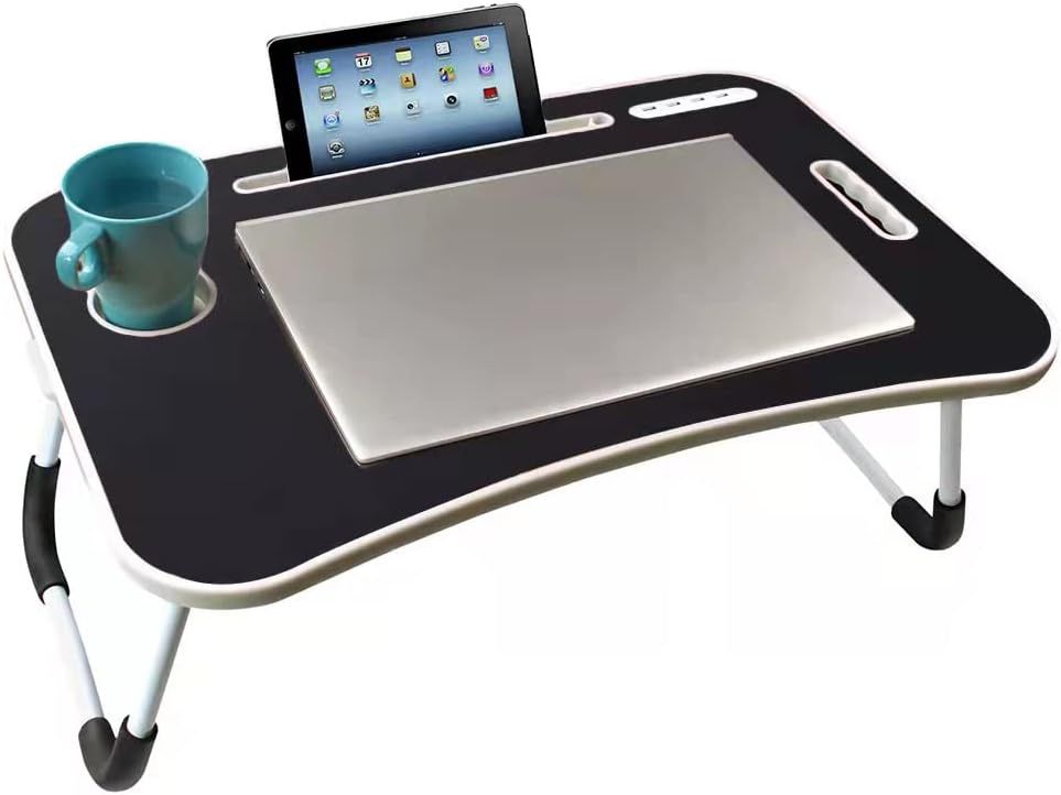Folding Laptop Desk Adjustable Foldable Lap Stand for Bed Tray Table with USB Port Cup Holder for Working Eating Breakfast Reading Book on Sofa Floor 