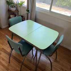 Vintage 1950s Mint Green Formica Chrome Dinette Table + Chairs & Butterfly Leaf