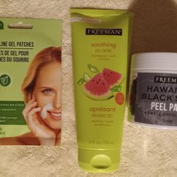 NEW FREEMAN SOOTHING GEL MASK/HAWAIIAN BLACK SALT PEEL PADS & B-PURE SMILE LINE GEL PATCH LOT 