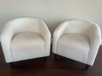 Pair of White Bouclé Barrel Accent Chairs