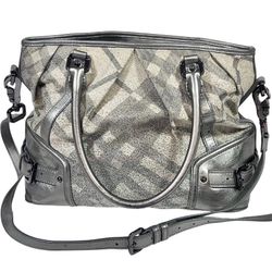 Burberry Pilgrim Tote Shoulder Bag Metallic Grey Beige Canvas Check Shopping 