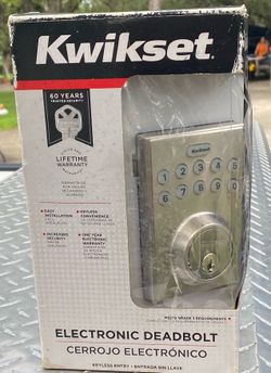 This is a Kwikset 264 contemporary electronic keypad deadbolt in a satin nickel finish.
