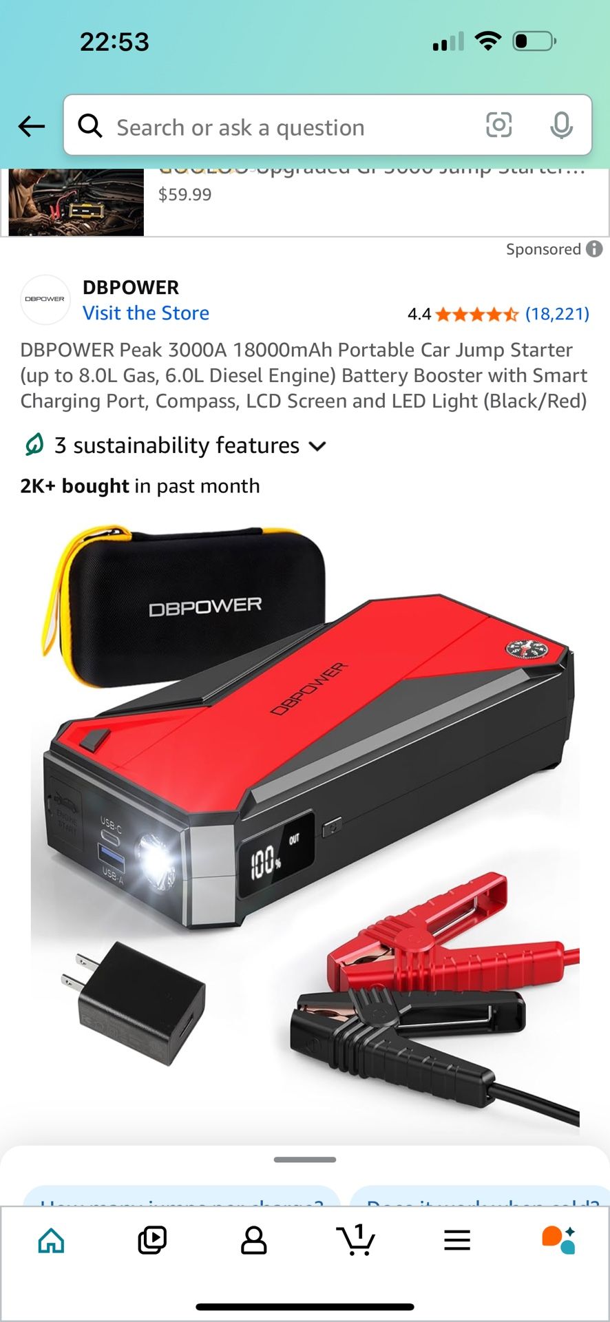 DBPOWER Peak 3000A 18000mAh Portable Car Jump Starter (up to 8.0L Gas, 6.0L Diesel Engine) Battery Booster with Smart Charging Port, Compass, LCD Scre