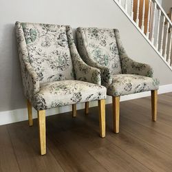 TWO Oversized Cost Plus World Market Greige & Green Accent Armchair With Natural Wood Legs