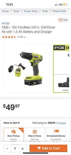RYOBI ONE+ 18V Cordless 3/8 in. Drill/Driver Kit with 1.5 Ah Battery and Charger