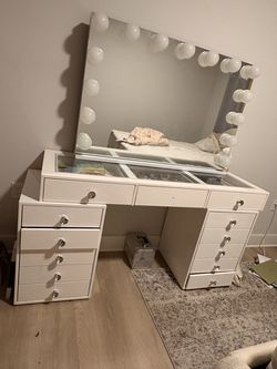 White Glam Vanity with LED Mirror + Bluetooth Speakers