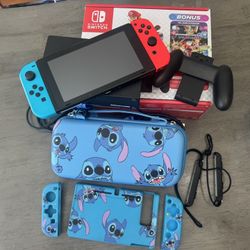 Nintendo Switch Mario Cart Bundle/Charging Dock And Stitch Accessories 