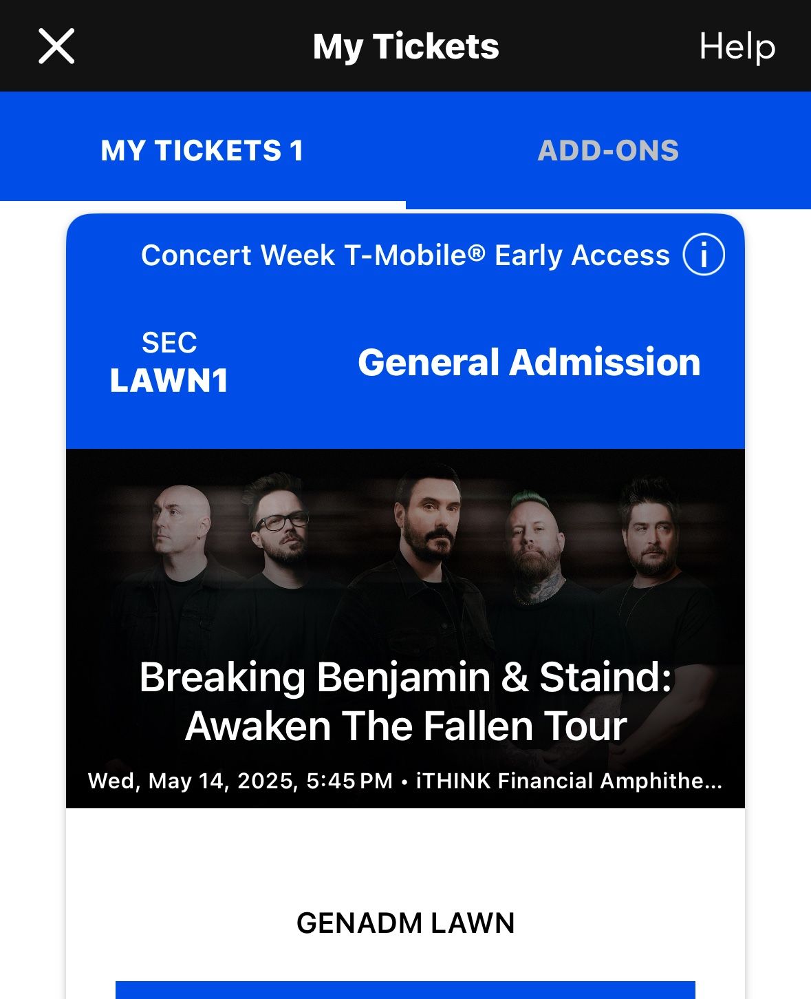 1 Lawn Ticket To Breaking Benjamin and staind