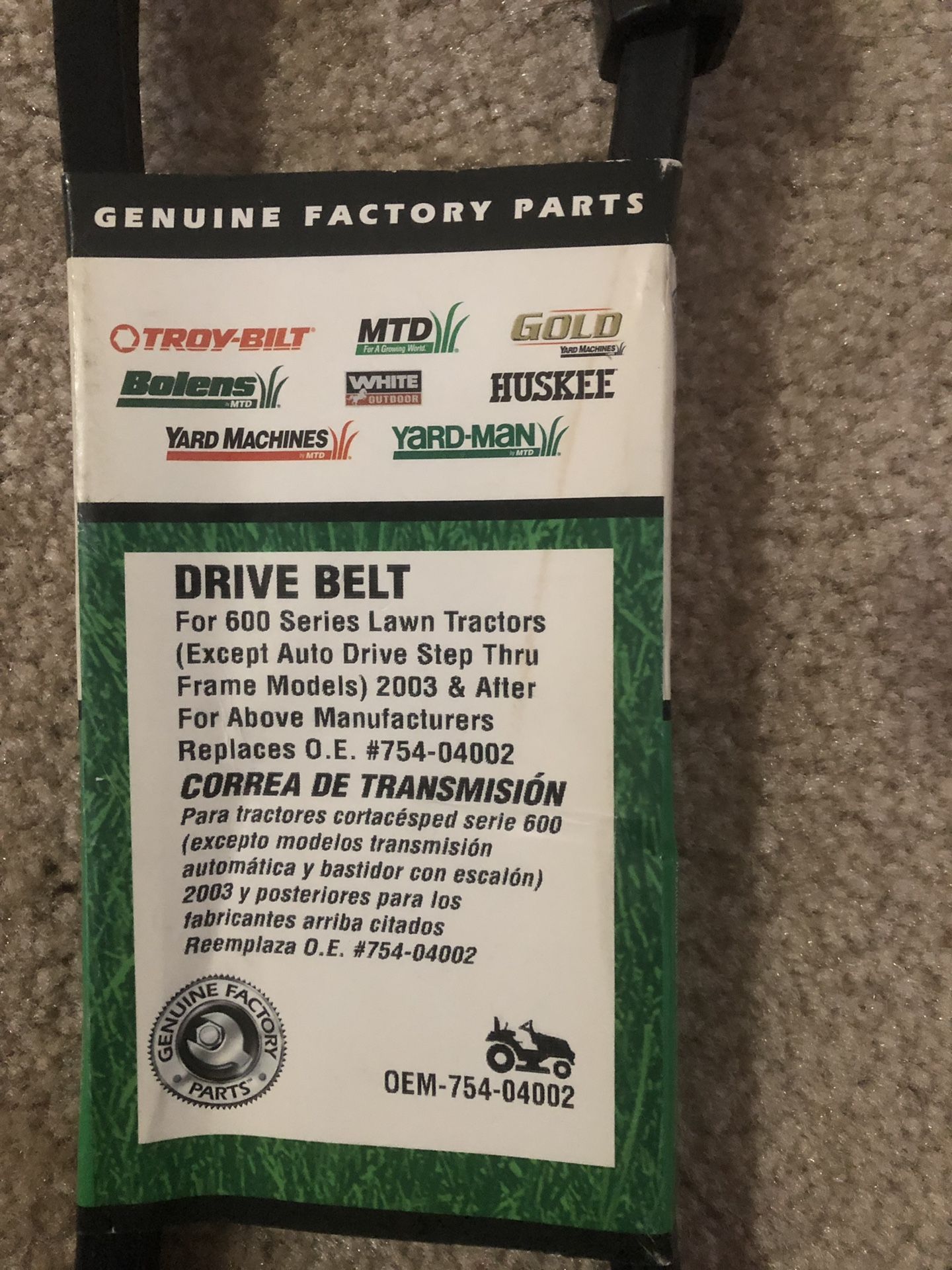 Drive belt for Lawn tractor 600 series