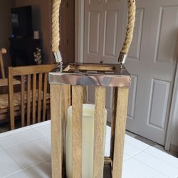 Large Natural  Wood Withe Silver Metal Trim Lantern. 