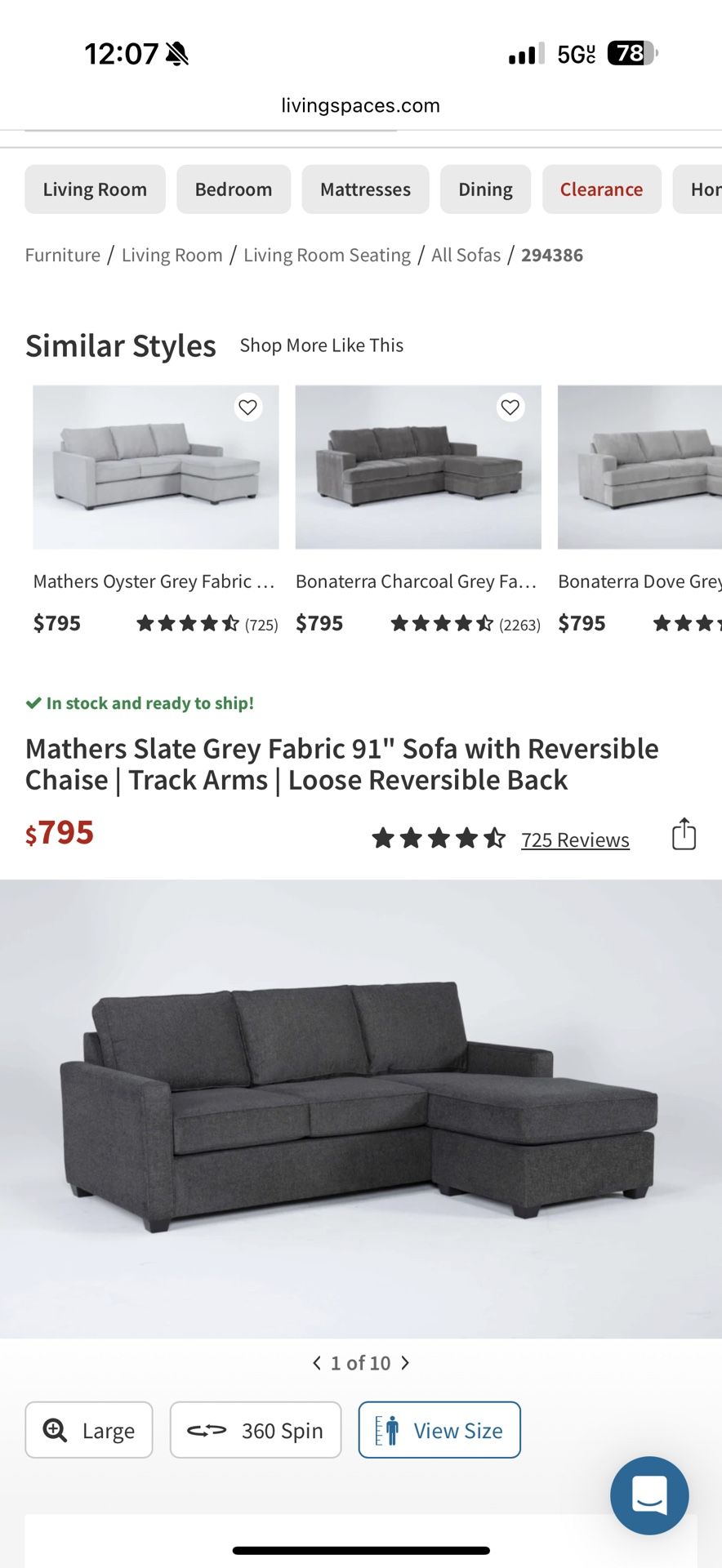 Mathers Slate Grey Fabric 91" Sofa with Reversible Chaise | Track Arms | Loose Reversible Back