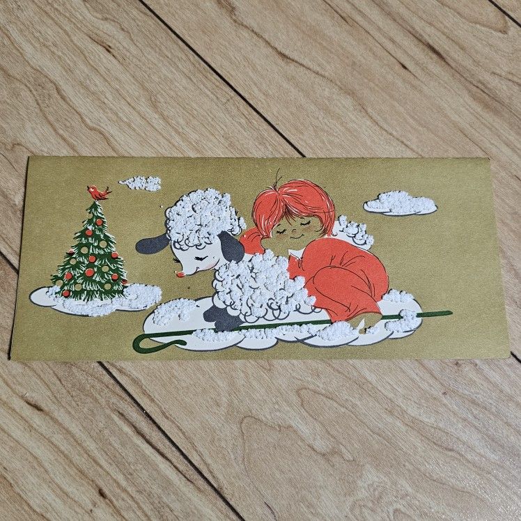Vintage 1960's Sleeping Child & Lamb Textured Glitter Holiday Christmas Card w/o Envelope Hawthorne Sommerfield Litho UNUSED NOS - Made in USA