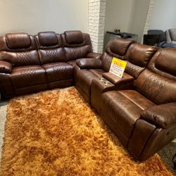 Fourth of July sale. Santiago brown leather reclining sofa and loveseat set now $1199. Easy finance option. Same day delivery.