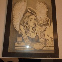 Hand Drawn Art In Glass Frame. 