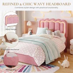 Twin Size Bed Frame with LED Lights and Storage Drawer - Light Pink