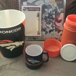 Broncos Stuff Trash Can Mug Thermos & 2000 Year calendar