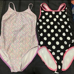 Two Cat & Jack Girls Size 7/8 Swimsuits - polka dot and mermaid scales 