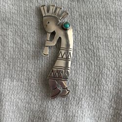 Vintage Sterling Silver Turquoise Kokopelli Brooch