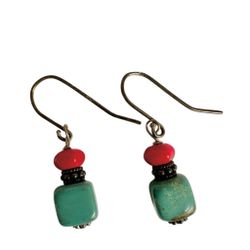  Sterling Silver Turquoise & Coral Dangle Earrings