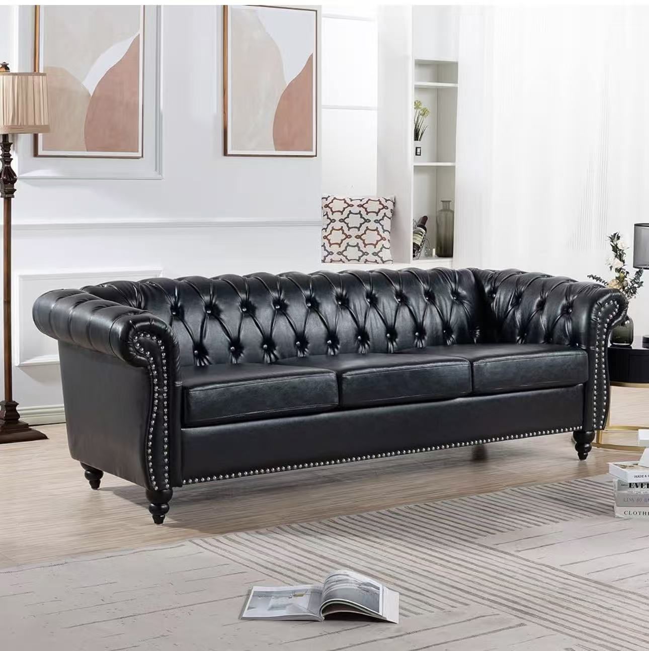 Leather Sofa, Upholstered PU Sofa with Tufted Back, Classic 3 Seater Leather Couch , Black $400