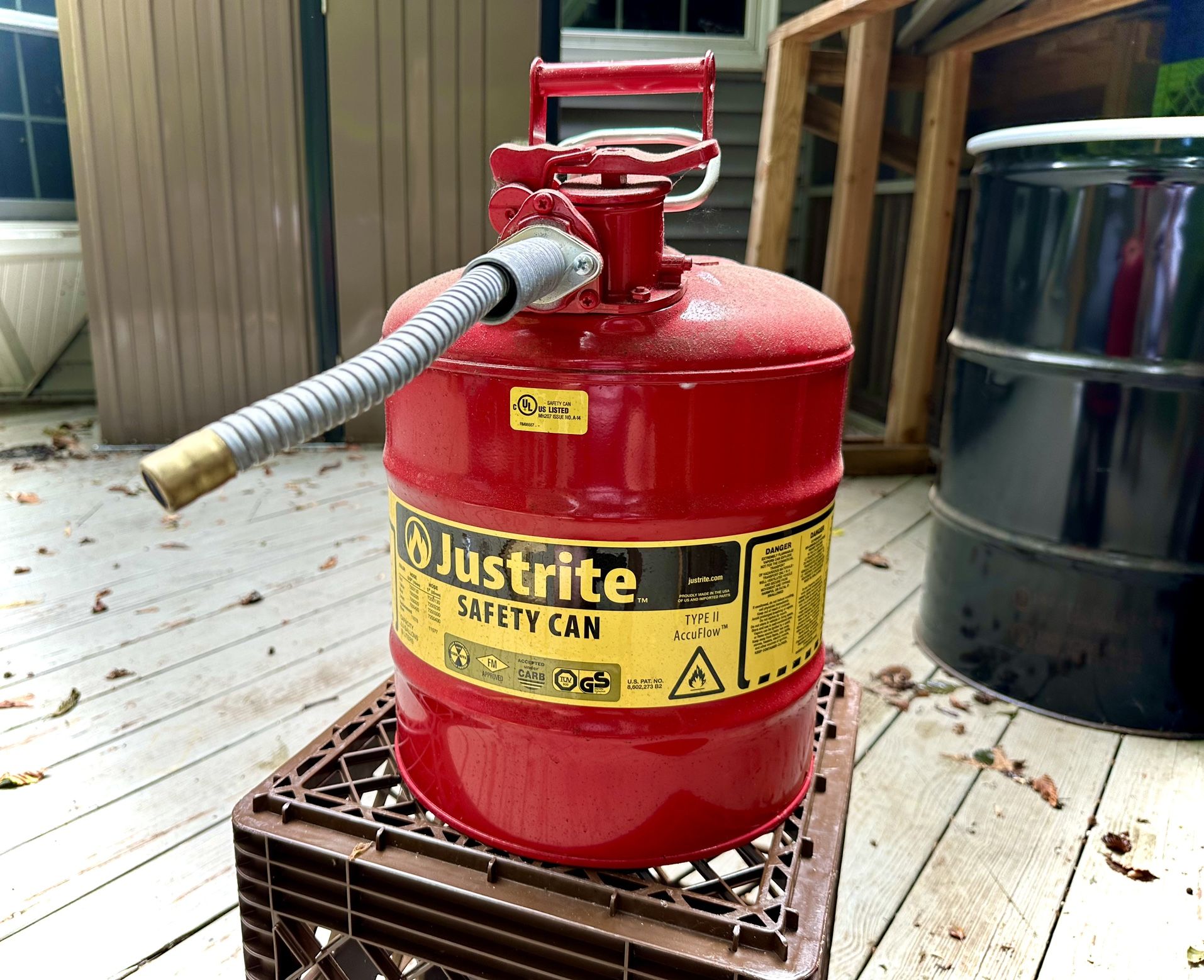 Gas Can Justrite (Gasoline Fuel) AccuFlow 5 Gallon, 11.75" OD x 17.50" H Galvanized Steel Type II Red Safety GasCan With 5/8" Flexible Spout