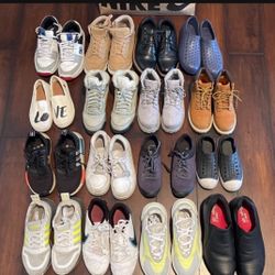 Kids Shoes up left to Right DC size 4y $10 Boots light brown size 4Y $15 Black dress shoes size 4Y $15 Robber water shoes 2.5y $5 White Tom's Girl siz