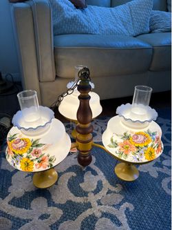 Vintage Hand-Painted Floral Milk Glass 3-Light Hanging Chandelier – Works Great