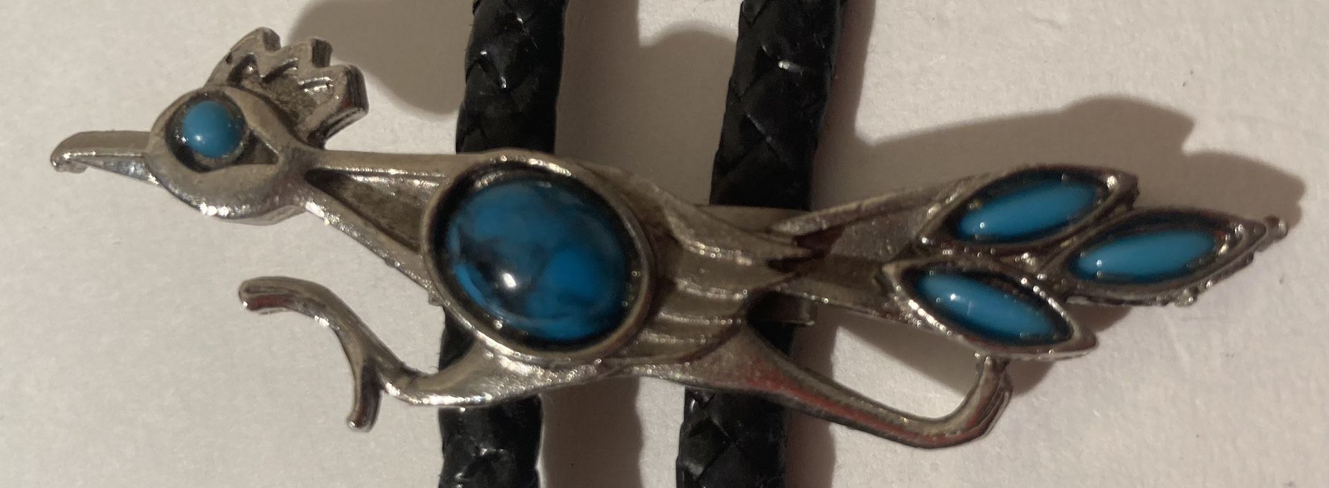 Vintage Bolo Tie Silver And Turquoise Roadrunner 