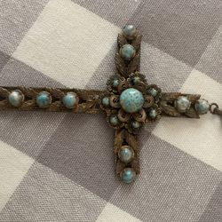 Vintage Gold Turquoise Cross Necklace