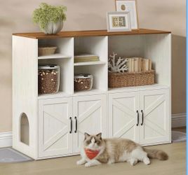 Feandrea Litter Box Enclosure for 2 Cats, with Storage Cabinet Double Room, Hidden Furniture, Farmhouse Washroom, Honey Brown and Rustic White, HAINS 