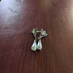 Dangle Earrings Faux Pearl And Rhinestones, Silver Plate