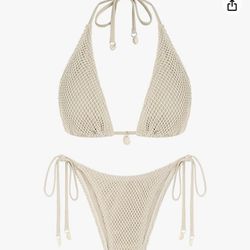 NWT: Triangle Bikini Multiway Fishnet Tie Side Bandeau Halter String Bikini Set Two Piece Swimsuit Bathing 