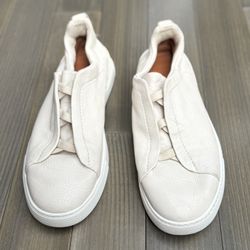 ZEGNA WHITE DEERSKIN TRIPLE STITCH SNEAKERS