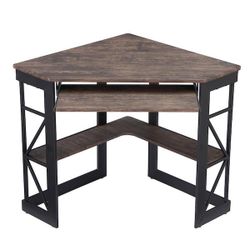 Corner Desk, 29.5 in. W Triangle Brown Computer Desk, Wooden Desk, Sturdy Steel Frame Computer Desk with Keyboard Tray