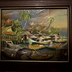 Vintage 1950s Thai Village Oil Painting Framed and Signed