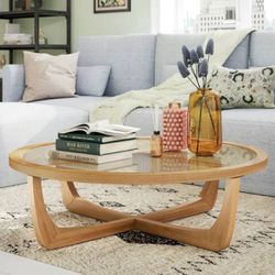 Rattan & solid wood coffee table with tempered glass top - NEW
