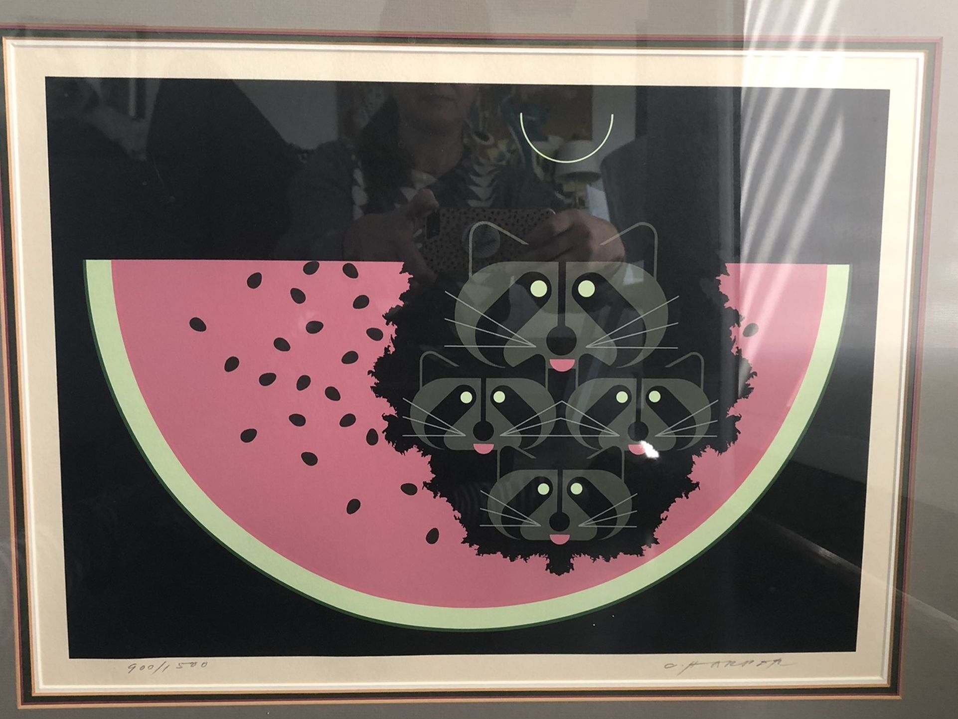 Charley Harper Raccoon Watermelon Noon Signed Serigraph Art Artwork Framed