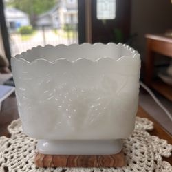 Vintage Square Footed White Milk Glass Candy Dish/Planter Harvest Grape Pattern