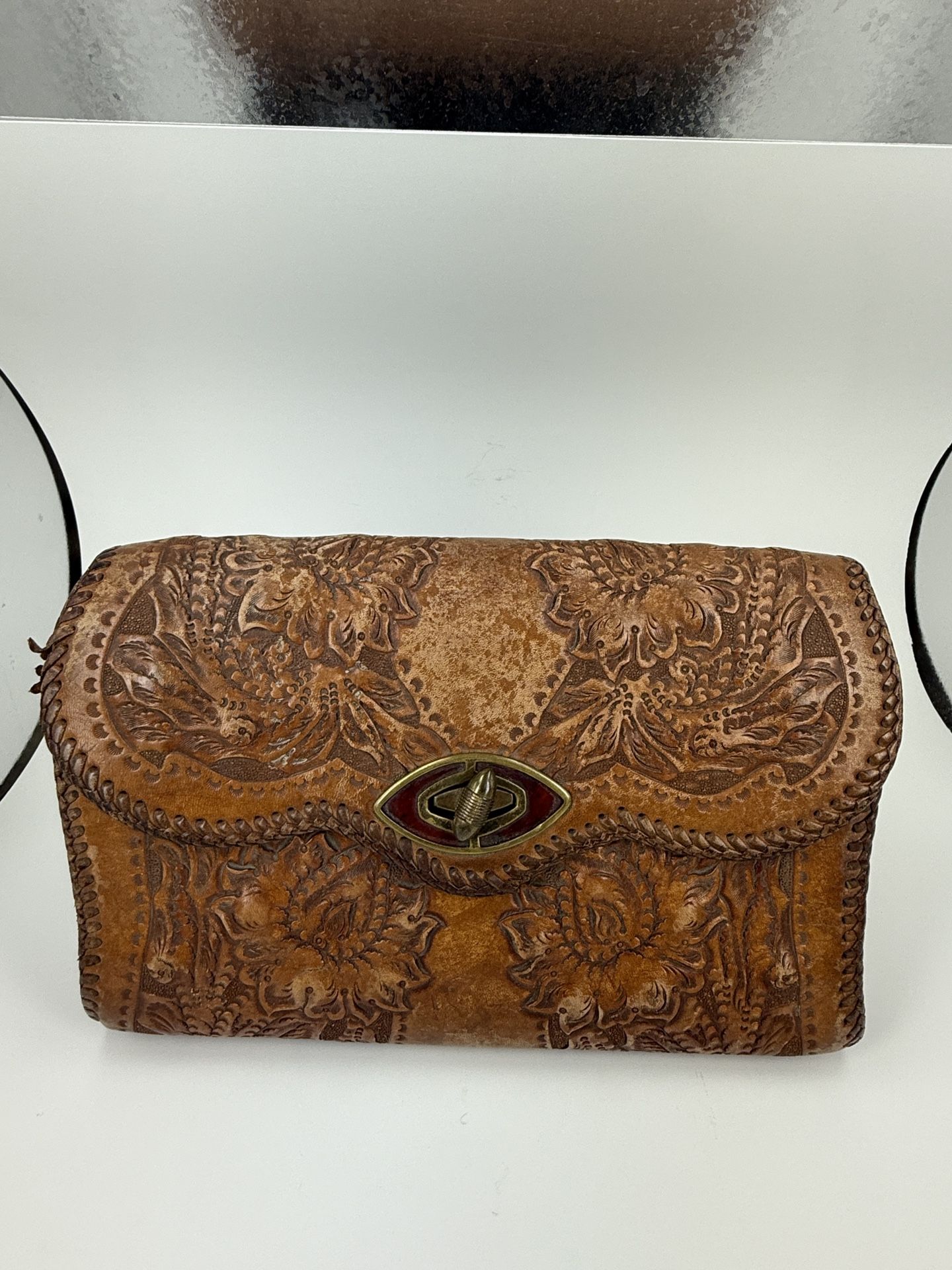 Vintage Hand-Tooled Leather Clutch Purse - Unique Collectible