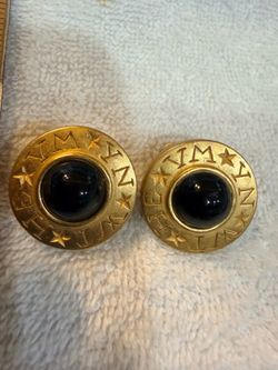 CAROLEE signed matte gold black cabochon designer clip on earrings